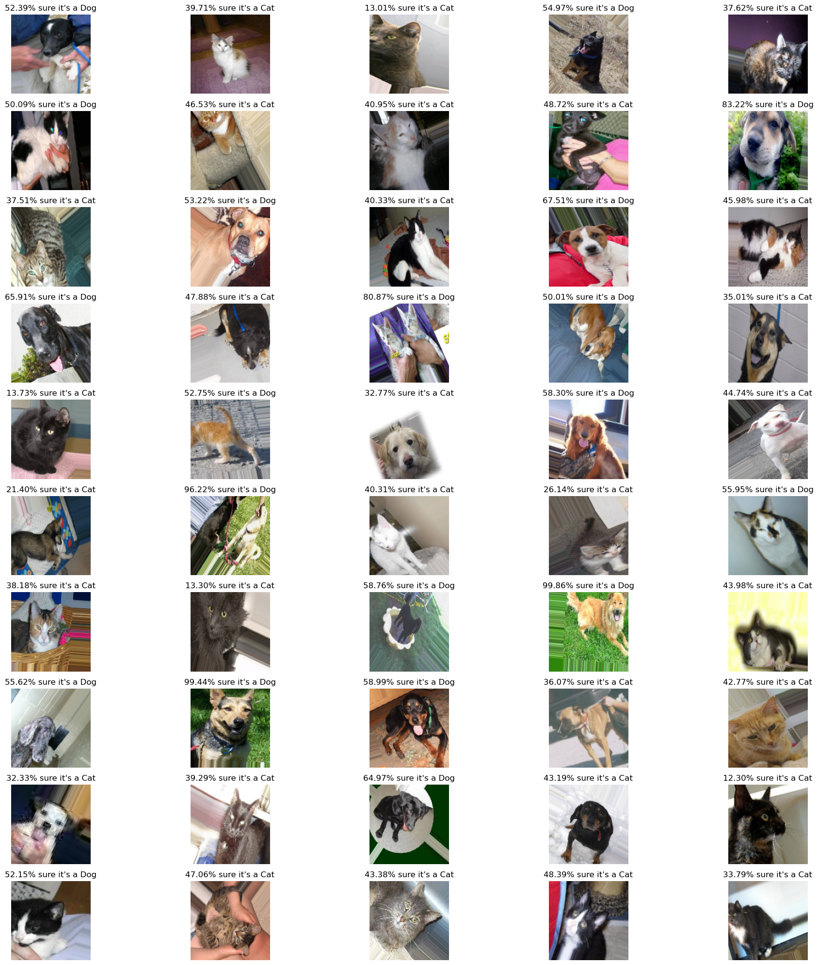 Grid of 50 test images with predictions showing confidence percentages